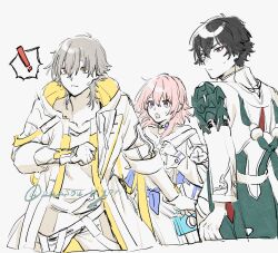  ! 1girl 2boys armor artist_name beads black_choker black_eyes blue_eyes blue_jacket blue_ribbon caelus_(honkai:_star_rail) camera chinese_clothes choker clenched_hand closed_mouth coat collarbone collared_shirt commentary_request cowboy_shot dan_heng_(honkai:_star_rail) dan_heng_(hunt)_(honkai:_star_rail) earclip earrings eyeshadow fingerless_gloves from_behind from_side gloves green_coat grey_hair hair_between_eyes hand_up highres honkai:_star_rail honkai_(series) hood hooded_coat jacket jewelry lapels long_sleeves looking_to_the_side makeup march_7th_(honkai:_star_rail) march_7th_(preservation)_(honkai:_star_rail) multicolored_coat multicolored_eyes multiple_boys open_clothes open_coat open_jacket open_mouth pants partially_colored pink_hair pleated_skirt purple_pupils red_eyeshadow ribbon shirt short_hair shoulder_armor sidelocks simple_background single_earring skirt standing sweatdrop t-shirt teeth tied_jacket trailblazer_(honkai:_star_rail) two-tone_coat v-shaped_eyebrows violet_eyes white_background white_coat wide-eyed yellow_coat yellow_eyes zassou_biyori 