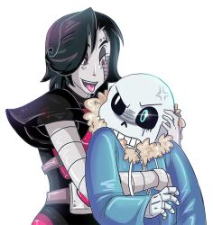  2015 2boys 2d android anger_vein behind_another black_hair blue_jacket commentary digital_media duo english_commentary fur-trimmed_jacket fur_trim gloves hair_over_one_eye half-closed_eyes hollow_eyes hug hug_from_behind humanoid humanoid_robot jacket male male_focus male_only mettaton mettaton_ex monster monster_boy multiple_boys pauldrons pink_eyes robot robot_boy sans_(undertale) short_hair simple_background skeleton teeth tongue tongue_out toono undead undertale upper_body utdr_(toby_fox) white_background white_gloves zipper 