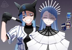  5girls ado_(utaite) baseball_bat black_gloves blue_eyes blue_hair boxing_gloves braid braided_bangs chibi clenched_teeth commentary_request gira-gira-chan_(ado) gira_gira gloves grey_background halo highres holding holding_baseball_bat jacket jacket_on_shoulders kokoro_to_iu_na_no_fukakai merry_(ado) multiple_girls naima_(ado) nori_(norinori_yrl) odo-chan_(ado) odo_(song) ponytail readymade_(ado) running skirt smile teeth trembling twintails upper_body usseewa white_background white_skirt 