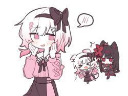  >_< 2girls animal_ears black_hair black_hairband black_shirt black_skirt book_off cat_ears chibi collared_shirt dog_ears fang gradient_hair hair_ornament hairband hands_up highres long_hair long_sleeves looking_at_another looking_at_viewer mahou_shoujo_no_majo_saiban multicolored_hair multiple_girls multiple_views nikaido_hiro official_alternate_costume open_mouth pink_eyes pink_hair pink_shirt red_eyes sakuraba_ema shirt short_hair simple_background skirt smile spoken_blush tsu_(21uwu_) white_background white_hair x_hair_ornament 