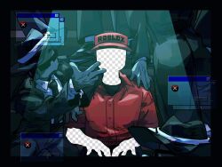  6+boys black_border black_hat black_jacket black_necktie border chance_(forsaken) clone collared_shirt colored_skin elliot_(roblox) error_message fake_transparency fedora forsaken_(roblox) grey_skin hat highres jacket multiple_boys namdam096 necktie open_mouth red_shirt red_visor roblox shirt sunglasses visor_cap white_shirt 