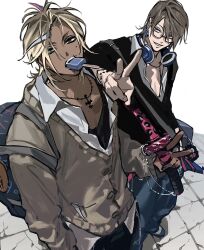  2boys blonde_hair brown_eyes brown_hair dark-skinned_male dark_skin earrings food genderswap genderswap_(ftm) glasses grin gyaruo hair_ornament hairclip headphones headphones_around_neck highres jewelry katana ma0ma0_0 male_focus medium_hair mole mole_under_eye mouth_hold multiple_boys necklace nogi_momoka original popsicle saotome_anna school_uniform smile star_(symbol) star_earrings sword v weapon 