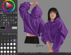  1girl adjusting_sleeves arm_up art_program_in_frame black_hair bob_cut front_and_back han_sooyoung hood hood_down hood_up hoodie looking_at_viewer midriff multiple_views omniscient_reader's_viewpoint purple_hoodie screenshot short_hair sleeves_rolled_up smile umbrvx 