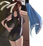  back braid brown_hair double_vertical_stripe hair_ribbon hair_ribbons masao one-piece one-piece_swimsuit original ribbon ribbons school_swimsuit swimsuit towel twin_braids 