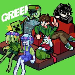  1girl 5boys 9aaaalt29 :d ^_^ ahoge andrew_graves animal_nose antenna_hair arm_support arm_up bare_arms bare_legs barefoot basil_(headspace)_(omori) basil_(omori) bear_boy black_eyes black_hair black_sleeves black_sweater blue_flower blue_hair blue_overalls blue_rose bright_pupils brown_hair brown_pants buck_teeth can character_request closed_eyes closed_mouth color_connection colored_skin commentary couch creature creeper crossover deltarune diamond_(gemstone) double-parted_bangs drink_can edd_(eddsworld) eddsworld flippy_(happy_tree_friends) flower flower_wreath full_body furry furry_male glasses goat_boy green-framed_eyewear green_background green_eyes green_hair green_hat green_hoodie green_robe green_shirt green_shoes green_shorts green_skin grin hair_behind_ear hair_between_eyes hair_flower hair_ornament happy_tree_friends hat head_wreath highres holding holding_can hood hood_down hoodie horns knees_together_feet_apart long_hair long_hair_between_eyes long_sleeves looking_at_another looking_at_viewer lying minecraft multiple_boys multiple_crossover omori on_back on_couch orange_flower overall_shorts overalls pants pickaxe pink_flower pink_horns pink_rose pixel_art puffy_long_sleeves puffy_sleeves purple_flower purple_rose ralsei red_flower red_scarf robe rose round_eyewear scarf semi-rimless_eyewear shirt shoes short_hair short_sleeves shorts simple_background sitting smile soda_can solid_oval_eyes sweater symbol-only_commentary teeth the_coffin_of_andy_and_leyley utdr_(toby_fox) very_long_hair very_short_hair w white_fur white_pupils white_skin 