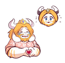  1boy 2021 2d alternate_costume animal_ears anthro artist_name asgore_dreemurr beard blonde_hair blue_eyes cropped_head cropped_torso crown crying digital_media droopy_ears facial_hair fangs floppy_ears floral_shirt flying_sweatdrops furry furry_male goat goat_boy goat_ears goat_horns heart heart_hands heart_in_heart_hands horns male male_focus male_only mammal monster monster_boy multiple_views official_alternate_costume pink_shirt simple_background solo tears undertale utdr_(toby_fox) white_background white_fur white_horns zwagyzonk 