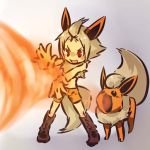  &gt;:) &gt;:d 1girl animal_ears blush_stickers boots brown_hair costume fire flareon forehead fox_ears high_ponytail hitec ki moemon nintendo open_mouth personification pointy_hair pokemon pokemon_(creature) pokemon_(game) pokemon_rgby red_eyes shorts smile tail 