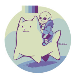  1boy 2020 2d alternate_size animal annoying_dog aqua_theme artist_name color_guide digital_media dog duo hood hood_down hooded_jacket humanoid jacket limited_palette male male_focus male_only mini_person miniboy monochrome monster monster_boy open_clothes open_jacket oversized_animal riding riding_animal round_border round_image sans_(undertale) shirt simple_background skeleton slippers socks striped_shorts teeth undead undertale utdr_(toby_fox) vertical-striped_clothes vertical-striped_shorts white_background zwagyzonk 