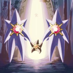  colored_skin commentary_request evolutionary_line full_body gem highres holding_hands long_legs mega_pokemon mega_starmie no_eyes no_humans pokemon pokemon_(creature) pokemon_focus pokemon_legends:_z-a purple_skin red_gemstone starfish starmie staryu tori_(torisan_pokemon) 