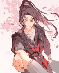  2boys black_hair black_hanfu chinese_clothes commentary_request cowboy_shot curtained_hair falling_petals floating_hair foreshortening grey_nails grin hanfu highres long_hair long_sleeves looking_at_viewer luo_binghe male_focus multiple_boys open_mouth out_of_frame parted_bangs petals pink_background pink_petals ponytail pov pov_hands red_eyes renzha_fanpai_zijiu_xitong sakuramochi1003 shadow shen_qingqiu sidelocks smile watermark zuiyin 