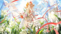  1girl absurdres artist_request bird blue_eyes blue_sky boots bouquet bow bow_shorts bowtie breasts castle chinese_commentary clouds commentary_request commission dove flower frilled_shirt_collar frilled_shorts frilled_skirt frilled_sleeves frills full_body hat hat_flower highres holding holding_bouquet identity_v knee_boots kneehighs lace-up_boots leaf lily_(flower) lily_barriere low_twintails medium_breasts mini_hat official_alternate_costume orange_hair ouji_fashion puffy_short_sleeves puffy_sleeves ribbon second-party_source short_sleeves short_twintails shorts showgirl_skirt skirt sky smile socks solo standing swept_bangs too_many too_many_birds twintails watermark wavy_hair white_boots white_bow white_bowtie white_hat white_ribbon 