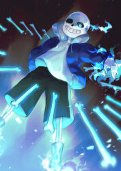  1boy 2021 2d black_background black_shorts blue_jacket bone digital_media drawstring flaming_eye flaming_hand full_body gloves glowing glowing_eye grey_hood hand_in_pocket hollow_eyes hood hood_down hooded_jacket humanoid jacket male male_focus male_only monster monster_boy open_clothes open_jacket pink_slippers sakito_(mg_1016) sans_(undertale) shirt shorts simple_background single_vertical_stripe skeleton slippers socks solo striped_shorts teeth undead undertale utdr_(toby_fox) vertical-striped_clothes vertical-striped_shorts white_gloves white_shirt white_socks white_stripes 