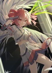  1girl absurdres artist_name belt black_belt buttons closed_mouth double-breasted double-parted_bangs drill_hair grey_jacket grey_skirt gun gun_to_head hair_between_eyes halo hashtag-only_commentary highres holding holding_gun holding_weapon jacket k2s kasane_teto kasane_teto_(sv) layered_sleeves long_sleeves midriff red_eyes red_hair red_trim short_over_long_sleeves short_sleeves shoulder_belt signature skirt skirt_set sleeve_cuffs synthesizer_v twin_drills twintails utau weapon white_halo white_wings wings 