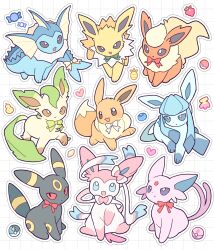  2o_oxo :< :d :o absurdres animal_focus animal_hands berry_(pokemon) black_eyes black_fur blue_eyes blue_fur bow bright_pupils brown_eyes brown_fur dream_ball eevee espeon facial_mark fins fish_tail flareon forehead_jewel forehead_mark full_body glaceon green_bow green_fur head_fins highres jolteon leaf leafeon looking_at_viewer moon_ball nanab_berry neck_fur no_humans open_mouth oran_berry orange_fur pink_fur poke_ball pokemon pokemon_(creature) pokemon_focus purple_fur red_bow red_eyes red_ribbon revive_(pokemon) ribbon sidelocks simple_background sitting smile spiked_tail standing sylveon tail umbreon vaporeon violet_eyes white_bow white_fur white_pupils yellow_fur 