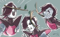  1boy 2018 2d android black_hair closed_eyes cropped_torso dated digital_media green_background hair_over_one_eye humanoid humanoid_robot male male_focus male_only mettaton mettaton_ex multiple_views open_mouth outline pauldrons robot robot_boy seki_(vcyr2733) short_hair signature simple_background solo stick undertale utdr_(toby_fox) white_outline 