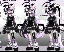  1girl ahoge animal_ears black_dress black_hair black_shoes cat_ears cat_girl cat_tail character_hair_ornament cloud_(lufaeris) commentary dress english_commentary eyepatch hair_between_eyes hair_ornament heart heart_hair_ornament huge_ahoge indie_virtual_youtuber kuromi leg_warmers long_hair long_sleeves looking_at_viewer multicolored_hair multiple_views onegai_my_melody open_mouth ponytail purple_hair purple_socks sanrio shoes short_hair sleepybunsu sleeves_past_fingers sleeves_past_wrists socks striped_clothes striped_socks tail two-tone_hair virtual_youtuber white_leg_warmers wings 