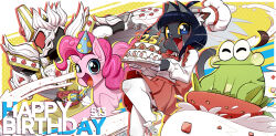 1girl :3 ahoge animal animal_ears birthday black_fur black_hair blush bob_cut bow bowtie bright_pupils cake cat_ears cat_girl character_request chinese_commentary colored_sclera commentary_request crossover english_commentary fang food frog furry furry_and_animal furry_female happy_birthday hat highres holding holding_cake holding_food kamen_rider kamen_rider_gavv kamen_rider_gavv_(caking_form) kamen_rider_gavv_(series) lilia_(xuao2000) looking_at_viewer mixed-language_commentary my_little_pony my_little_pony:_friendship_is_magic open_mouth original pantyhose party_hat pink_hair pinkie_pie pony_(animal) red_bow red_bowtie red_skirt shirt shoes short_hair skirt strawberry_cake white_pantyhose white_pupils white_shirt xuao2000 yellow_sclera