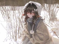  1girl animal_ears black_eyes black_hair brown_sweater butterfly_hair_ornament commentary_request droopy_ears fur-trimmed_headwear fur_trim grey_scarf hair_between_eyes hair_intakes hair_ornament hairclip highres kirihara_aki kuzakura_yako_(kirihara_aki) light_blush medium_hair mole mole_under_eye nature original outdoors scarf sitting snow snowing solo sweater thick_eyebrows upper_body winter 