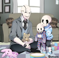  2019 2d 3boys aged_down aqua_sweater aqua_vest artist_name behind_another black_necktie black_pants black_romper black_shorts blue_shoes blue_sweater brothers carrying carrying_person checkered_floor child collared_shirt commission couch curtains cushion digital_media family father_and_son floor full_body glasses grey_stripes grey_suit hole_in_hand hollow_eyes hug hug_from_behind humanoid indian_style indoors interlocked_fingers lifting_person male male_focus male_only monster monster_boy multiple_boys necktie own_hands_clasped own_hands_together pants papyrus_(undertale) romper sans_(undertale) shirt shoes shorts siblings single_vertical_stripe sitting skeleton skull_print socks standing striped_clothes striped_shorts striped_sweater stuffed_animal stuffed_rabbit suit sweater teddy_bear teeth toddler toy trio two-tone_shoes two-tone_sweater undead undertale utdr_(toby_fox) vertical-striped_clothes vertical-striped_shorts vest w.d._gaster white_shirt white_shoes white_socks window zwagyzonk 