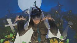  1boy absurdres ahoge belt black_belt black_hair black_horns black_shirt blue_eyes blue_necktie chest_harness claw_ring cloak collared_shirt commentary contrapposto earrings embroidery english_commentary fangs fence from_above full_moon ghost_costume ghost_pose graveyard grey_pants hair_between_eyes halloween harness head_tilt highres hood hooded_cloak horns house jack-o'-lantern jewelry long_sleeves looking_at_viewer male_focus moon multiple_belts multiple_earrings multiple_rings necktie night nijisanji nijisanji_en open_mouth outdoors pants path plaid_clothes plaid_pants pointy_ears pumpkin ren_zotto ren_zotto_(1st_costume) renvader_(ren_zotto) ring sheet_ghost shirt single_horn slit_pupils smile solo stone_walkway tombstone underlighting upper_body virtual_youtuber white_cloak wing_collar wooden_fence yuigacyako 