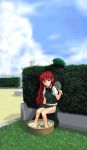  bad_id basin bush china_dress chinadress chinese_clothes cloud enya fan feet_in_water fountain grass hat hat_removed headwear_removed highres hong_meiling paper_fan red_hair redhead ribbon ribbons side_slit sitting sky soaking_feet touhou uchiwa water 