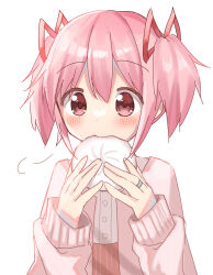  1girl blush commentary eating food hands_up highres kaname_madoka long_sleeves looking_at_viewer mahou_shoujo_madoka_magica mahou_shoujo_madoka_magica_(anime) pink_hair pink_sweater red_eyes simple_background solo steamed_bun sweater upper_body white_background yunagi_(yng_hoti) 