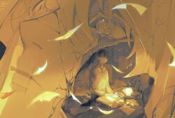  2boys bandage_on_face bandages black_hair book cloak cracked_skin empty_eyes falling_paper full_body giant glowing head_tilt hood hood_up hooded_cloak kim_dokja lantern light_particles male_focus multiple_boys oldest_dream omniscient_reader's_viewpoint open_book scar scar_on_face scar_on_mouth seiza shirt short_hair sitting statue sweater_vest t-shirt too_many_papers twle yellow_theme yoo_joonghyuk 