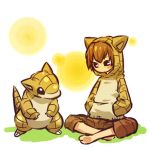  barefoot blush_stickers brown_hair hands_in_pockets hitec hood hoodie moemon personification pokemon pokemon_(creature) pokemon_(game) pokemon_rgby sandshrew shorts sitting tail 