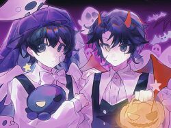  2boys bandage_on_face bandages bat_(animal) bat_wings black_eyes black_hair black_vest bow bowtie bucket chouxin233 cloak cosplay costume_switch demon_horns feathered_wings ghost halloween_bucket heterochromia highres holding holding_bucket hood hood_up hooded_cloak horns hugging_object iridescent_hair kim_dokja looking_at_viewer male_focus multiple_boys oldest_dream omniscient_reader's_viewpoint red_wings scar scar_across_eye scar_on_face secretive_plotter shirt short_hair starry_sky_print stuffed_animal stuffed_toy upper_body vest white_eyes white_shirt white_wings wings yoo_joonghyuk 
