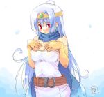  blue_hair blush breasts circlet cleavage elbow_gloves erect_nipples gloves long_hair red_eyes scarf very_long_hair 