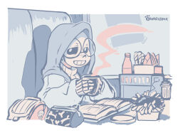  1boy 2020 2d aqua_theme artist_name book border bottle cup digital_media drink holding holding_cup holding_drink hood hood_up hooded_jacket humanoid jacket limited_palette male male_focus male_only monster monster_boy mug open_clothes open_jacket sans_(undertale) shirt simple_background skeleton solo sweater teeth undead undertale utdr_(toby_fox) white_background white_border white_sweater zwagyzonk 