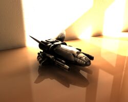  3d amarr_empire_(eve_online) cannon commentary dated_commentary drone energy_cannon english_commentary eve_online light_drone_(eve_online) military_vehicle no_humans orange_background realistic reflective_floor science_fiction spacecraft starfighter vankaiser 