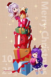  2girls :d alternate_hair_color alternate_hair_length alternate_hairstyle alternate_headwear animal_ears blue_dress blush bow bowtie chibi chibi_only christmas closed_eyes coat deer_ears doremy_sweet dress fake_animal_ears furahata_gen gift grey_socks hat highres holding holding_gift kishin_sagume long_sleeves looking_at_another merry_christmas multiple_girls purple_dress purple_hair red_bow red_bowtie red_eyes santa_hat smile socks tail touhou two-tone_dress white_coat white_dress white_hair 