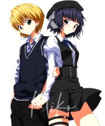  1boy 1girl artist_name black_dress black_hat black_pants black_vest blonde_hair blue_bow blue_bowtie blue_eyes blue_hair blue_necktie bow bowtie breasts character_request collared_shirt cowboy_shot cross cross_necklace dress earrings green_eyes hat heart highres holding_another's_arm holding_hands hunter_x_hunter jewelry juliet_sleeves kurapika long_sleeves miko_heb necklace necktie o-ring o-ring_thigh_strap original pants pinafore_dress puffy_sleeves shirt short_hair signature simple_background sleeveless sleeveless_dress sleeves_rolled_up small_breasts smile standing sweater_vest thigh_strap vest white_background white_shirt 
