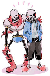  2022 2boys 2d armor black_shorts blue_jacket blue_shorts boots brothers cape closed_eyes crouching digital_media duo full_body gloves grey_hood hand_on_own_knee hands_in_pockets happy height_difference hood hood_down hooded_jacket humanoid jacket male male_focus male_only monster monster_boy multiple_boys one_eye_closed open_clothes open_jacket open_mouth papyrus_(undertale) pink_slippers red_boots red_cape red_gloves sakito_(mg_1016) sans_(undertale) shirt shorts siblings simple_background skeleton slippers smile socks standing striped_shorts teeth undead undertale utdr_(toby_fox) white_armor white_background white_shirt white_socks white_stripes 