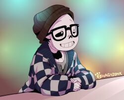  1boy 2019 2d artist_name beanie bespectacled black-framed_eyewear black_hat digital_media glasses gradient_background half-closed_eye hat humanoid male male_focus male_only monster monster_boy multicolor_background one_eye_closed own_hands_together sans_(undertale) simple_background skeleton solo teeth undead undertale utdr_(toby_fox) zwagyzonk 
