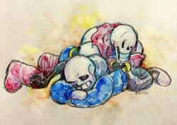  2021 2boys 2d armor artist_name black_shorts blue_jacket blue_shorts boots brothers cape duo full_body gloves grey_hood highres hood hood_down hooded_jacket humanoid jacket lying lying_on_person male male_focus male_only monster monster_boy multiple_boys on_stomach one_eye_closed papyrus_(undertale) pink_slippers red_boots red_cape red_gloves sakito_(mg_1016) sans_(undertale) shirt shorts siblings simple_background skeleton slippers socks striped_shorts teeth traditional_media undead undertale utdr_(toby_fox) white_armor white_background white_shirt white_socks white_stripes 