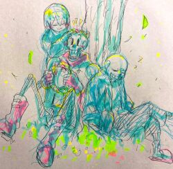  1other 2021 2boys 2d ambiguous_gender ankle_boots armor black_shorts blue_jacket blue_shorts boots brothers brown_boots brown_hair cape child closed_eyes drawstring flower flower_wreath frisk_(undertale) full_body gloves graphite_(medium) grey_hood hands_in_pockets head_wreath height_difference highres holding holding_wreath hollow_eyes hood hood_down hooded_jacket human humanoid jacket knees_up male marker_(medium) monster monster_boy multiple_boys open_clothes open_jacket papyrus_(undertale) pen_(medium) pink_slippers red_boots red_cape red_gloves sakito_(mg_1016) sans_(undertale) shirt short_hair shorts siblings simple_background sitting skeleton sketch sleeping slippers socks striped_clothes striped_shorts teeth traditional_media tree trio undead undertale utdr_(toby_fox) vertical-striped_clothes vertical-striped_shorts white_armor white_background white_shirt white_socks white_stripes wreath zzz 