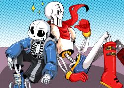  2015 2boys 2d arm_support armor back-to-back black_shorts blue_background blue_jacket blue_shoes blue_shorts boots brothers cape commentary digital_media duo english_commentary gloves gradient_background grey_hood halftone halftone_background hatching_(texture) height_difference hollow_eyes hood hood_down hooded_jacket humanoid jacket male male_focus male_only monster monster_boy multiple_boys no_shirt oekaki open_clothes open_jacket papyrus_(undertale) red_boots red_cape red_gloves ribs sans_(undertale) shoes shorts siblings simple_background single_vertical_stripe sitting skeleton sneakers sparkle striped_shorts teeth toono two-tone_background undead undertale utdr_(toby_fox) vertical-striped_clothes vertical-striped_shorts white_armor white_background white_stripes 