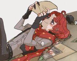  1boy :3 ahoge belt black_belt black_gloves black_pants black_vest commentary_request cowboy_shot cropped_vest cross-shaped_pupils finger_claws fingerless_gloves gloves grey_eyes grey_shirt hair_intakes hat heart heart_ahoge highres holding holding_paper identity_v looking_at_object lying male_focus medium_hair on_back pants paper perorinsr polka_dot polka_dot_scarf red_hair red_scarf scarf shirt smile solo striped_blush stuffing symbol-shaped_pupils unworn_hat unworn_headwear vest weeping_clown_(identity_v) 