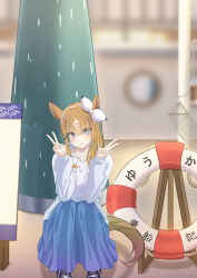 1girl absurdres almond_eye_(umamusume) animal_ears blue_skirt blunt_bangs blurry_background bow brown_hair closed_mouth double_v elbow_on_knee elbow_rest eyebrows_visible_through_hair hair_between_eyes hair_ornament hairband hairclip hammock highres hoodie horse_ears lifebuoy light_brown_hair long_hair long_skirt long_sleeves looking_at_viewer shia0016 smile sneakers solo sparkle sparkling_eyes squatting umamusume v white_bow white_shirt