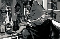  1boy 1girl 1other 2019 2d ambiguous_gender animal_ears anthro armlet armor armored_boots axe barefoot black_fur black_jacket blue_skin bodysuit boots cat cat_ears deltarune digital_media droopy_ears fangs female floppy_ears furry furry_male gauntlets glasses goat goat_boy greyscale hair_over_eyes hat holding_axe horns human indoors jacket kris_(dark_world)_(deltarune) kris_(deltarune) lizard lizard_girl long_hair male monochrome monster monster_girl pants ralsei ralsei_(hat) reptile reptile_girl robe round_eyewear scalie scarf seam_(deltarune) seki_(vcyr2733) sharp_teeth short_hair sleeveless sleeveless_jacket slit_pupils spiked_armlet susie_(dark_world)_(deltarune) susie_(deltarune) teeth utdr_(toby_fox) wizard_hat yellow_teeth 