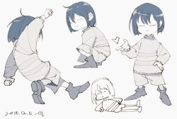  1other 2018 2d =_= ambiguous_gender ankle_boots boots dated digital_media dynamic_pose frisk_(undertale) ful_body heart horizontal-striped_clothes human lying monochrome multiple_views other_focus seki_(vcyr2733) short_hair shorts signature simple_background solo squatting standing striped_clothes striped_sweater sweater undertale utdr_(toby_fox) white_background 