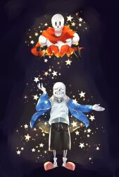  2021 2boys 2d armor black_background black_shorts blue_jacket blue_shorts brothers cape closed_eyes cropped_torso digital_media duo edit full_body gloves grey_hood height_difference hollow_eyes hood hood_down hooded_jacket humanoid jacket male male_focus male_only monster monster_boy multiple_boys open_clothes open_jacket papyrus_(undertale) pink_slippers red_cape red_gloves sakito_(mg_1016) sans_(undertale) shirt shorts siblings simple_background single_vertical_stripe skeleton slippers socks stitched striped_shorts teeth third-party_edit undead undertale utdr_(toby_fox) vertical-striped_clothes vertical-striped_shorts white_armor white_shirt white_socks white_stripes 