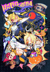  2boys alternate_costume ascot black_boots black_hat blonde_hair blood blush_stickers boots bow bowtie brothers commentary_request control_bar cookie_run cookie_run:_tower_of_adventures doll_joints fangs frilled_sleeves frills ghost halloween hat hat_feather high_collar highres holding jack-o'-lantern joints lemon_curd_cookie lemon_zest_cookie loafykins long_hair long_sleeves marionette multiple_boys open_mouth orange_socks pants peacepnever ponytail puppet puppet_strings shirt siblings single_blush_sticker smile socks striped_clothes striped_socks tailcoat thigh_strap top_hat very_long_hair vest white_ascot white_pants white_shirt white_vest yellow_eyes 