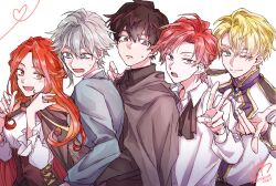  1girl 4boys alberu_crossman ascot black_hair blonde_hair blue_eyes brown_cape brown_cloak brown_hair cale_henituse cape choi_han cloak commentary_request grey_eyes grey_hair highres lock_(lout_of_count's_family) long_hair long_sleeves looking_at_viewer lout_of_count's_family multiple_boys one_eye_closed open_mouth osewa6363 red_hair rosalyn_(lout_of_count's_family) shirt short_hair simple_background smile v white_background yellow_eyes 