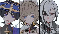  1boy 2girls arlecchino_(genshin_impact) armpit_crease asymmetrical_bangs bangs_pinned_back black_bodysuit black_collar black_eyes black_hair blue_eyes blunt_bangs blunt_ends bodysuit brown_hair cape closed_mouth collar commentary_request curtained_hair detached_collar earrings empty_eyes gem genshin_impact gloves gold grey_trim hage_80 hair_between_eyes half_gloves hand_up hat head_tilt highres jacket japanese_clothes jewelry jingasa kimono light_smile looking_at_viewer mandarin_collar multicolored_hair multiple_girls open_mouth purple_cape purple_hat red_gemstone red_pupils sandrone_(genshin_impact) scaramouche_(genshin_impact) shirt short_hair short_hair_with_long_locks shoulder_peek sidelocks single_hair_intake sketch smile split_mouth streaked_hair suit suit_jacket swept_bangs symbol-shaped_pupils twitter_username undershirt violet_eyes wanderer_(genshin_impact) white_gloves white_hair white_headdress white_jacket white_kimono white_shirt white_suit wispy_bangs x-shaped_pupils 