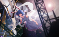  1girl blue_dress bow dress flying frilled_dress frills furahata_gen hagoromo hair_bow long_dress medium_hair open_mouth pointing ponytail rabbit_girl red_eyes seiran_(touhou) shawl solo_focus space space_station star_(sky) swept_bangs tagme teeth touhou upper_teeth_only white_bow 