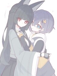  2girls ? absurdres animal_ear_fluff animal_ears aqua_jacket belle_(zenless_zone_zero) black_hair black_necktie black_shirt black_skirt blue_hair blunt_bangs closed_mouth crossed_bangs earclip earrings fingerless_gloves fox_ears fox_girl from_side gloves green_eyes hair_between_eyes hair_ornament heart high-waist_skirt highres hoshimi_miyabi hug jacket jewelry letter_hair_ornament long_hair looking_at_viewer motion_lines multiple_girls necktie open_mouth orange_gloves red_eyes shirt short_hair simple_background single_fingerless_glove skirt upper_body white_background wide_sleeves yuri zenless_zone_zero zzzii0 