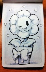  1boy 2018 2d bow flower flower_focus flower_pot flowey_(undertale) inktober male male_only monochrome one_eye_closed pen_(medium) photo_(medium) plant potted_plant simple_background tongue tongue_out traditional_media undertale utdr_(toby_fox) white_background zwagyzonk 
